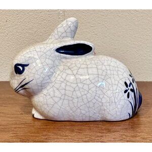 Potting Shed Dedham Pottery Crouching Rabbit Figurine Blue White Crackle Glaze
